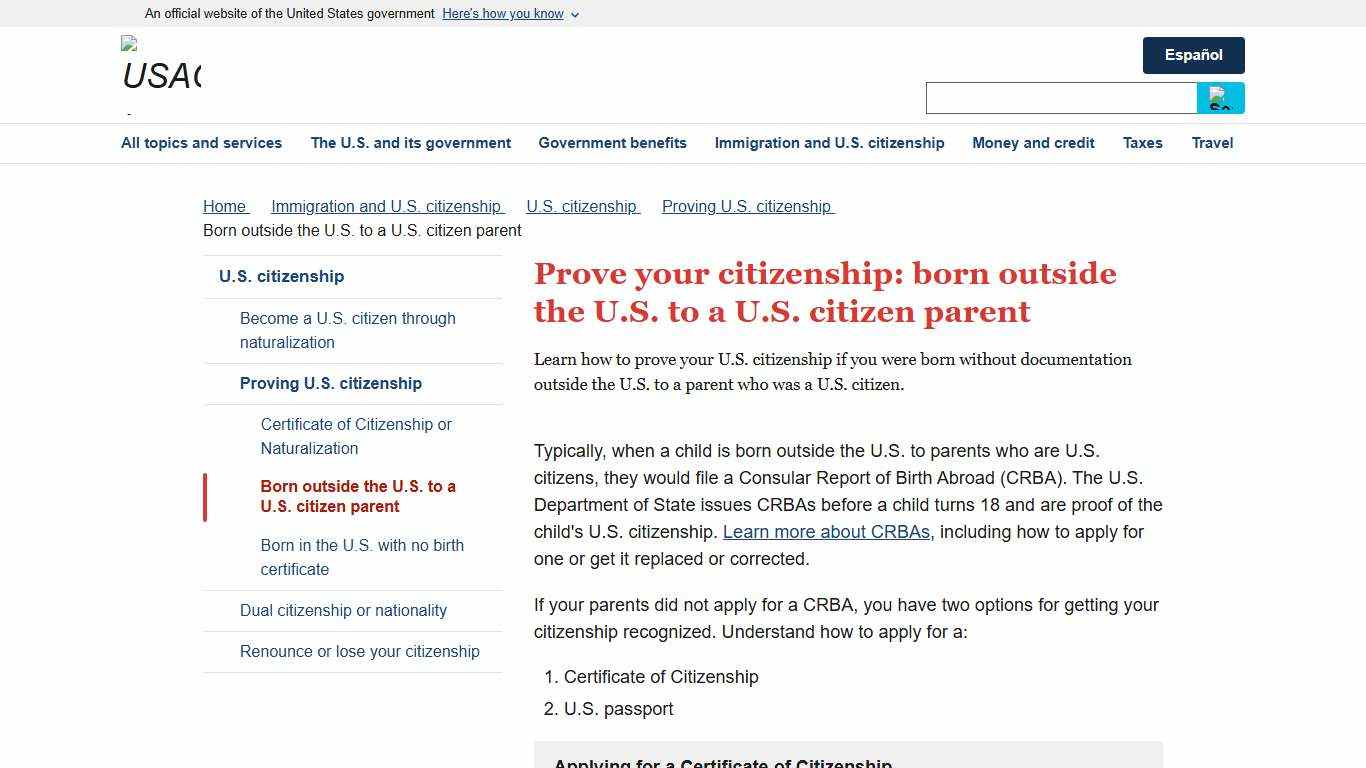Prove your citizenship: born outside the U.S. to a U.S. citizen parent | USAGov